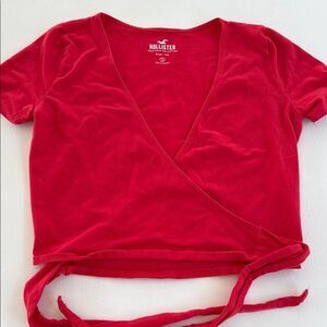 Hollister Women's Red Wrap Baby Tee Cropped Cotton Top Size Small